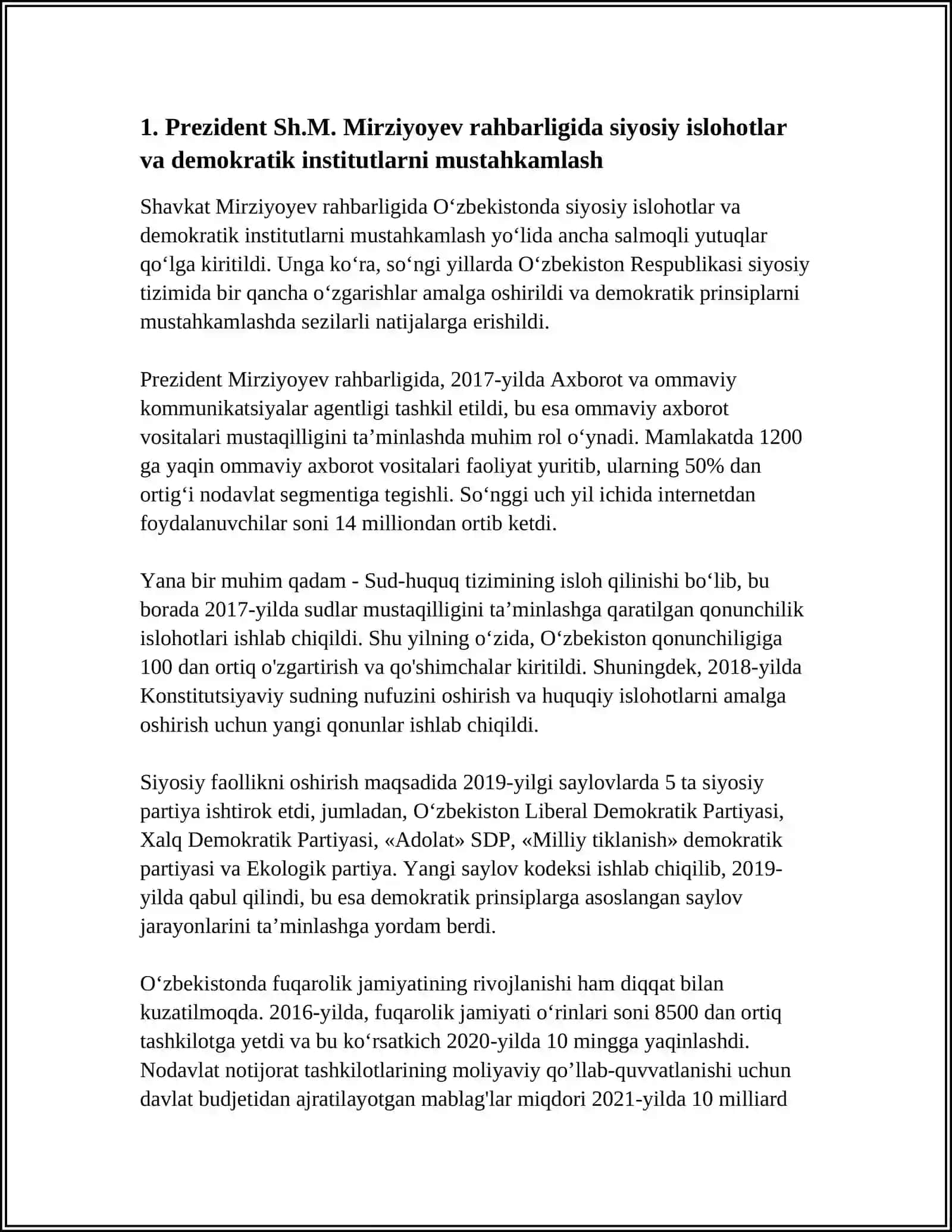 YANGI OʻZBEKISTONDA PREZIDENT SH.M MIRZIYOYEV RAHBARLIGI VA TASHABUSI OSTIDA AMALGA OSHIRILGAN ISLOHATLAR 3