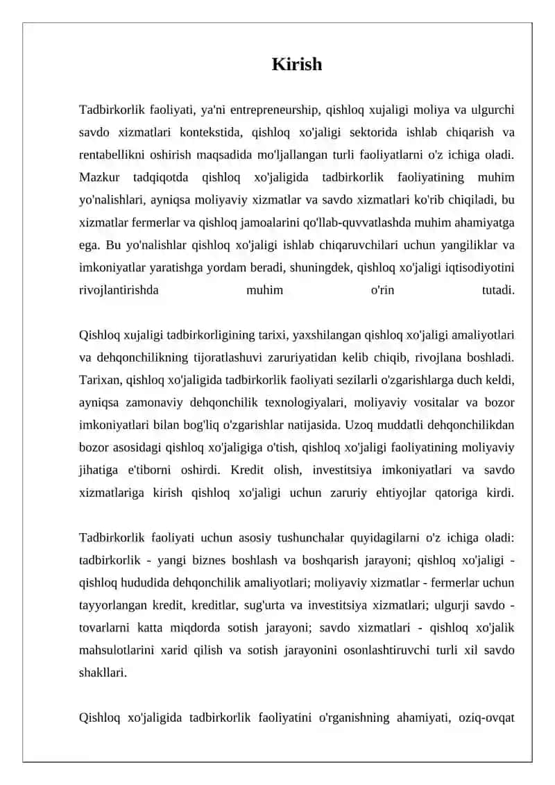 Tadbirkorlik faoliyati yo'nalishlari qishlog' xujaligi moliya ulgurchi savdo xizmatlari 3