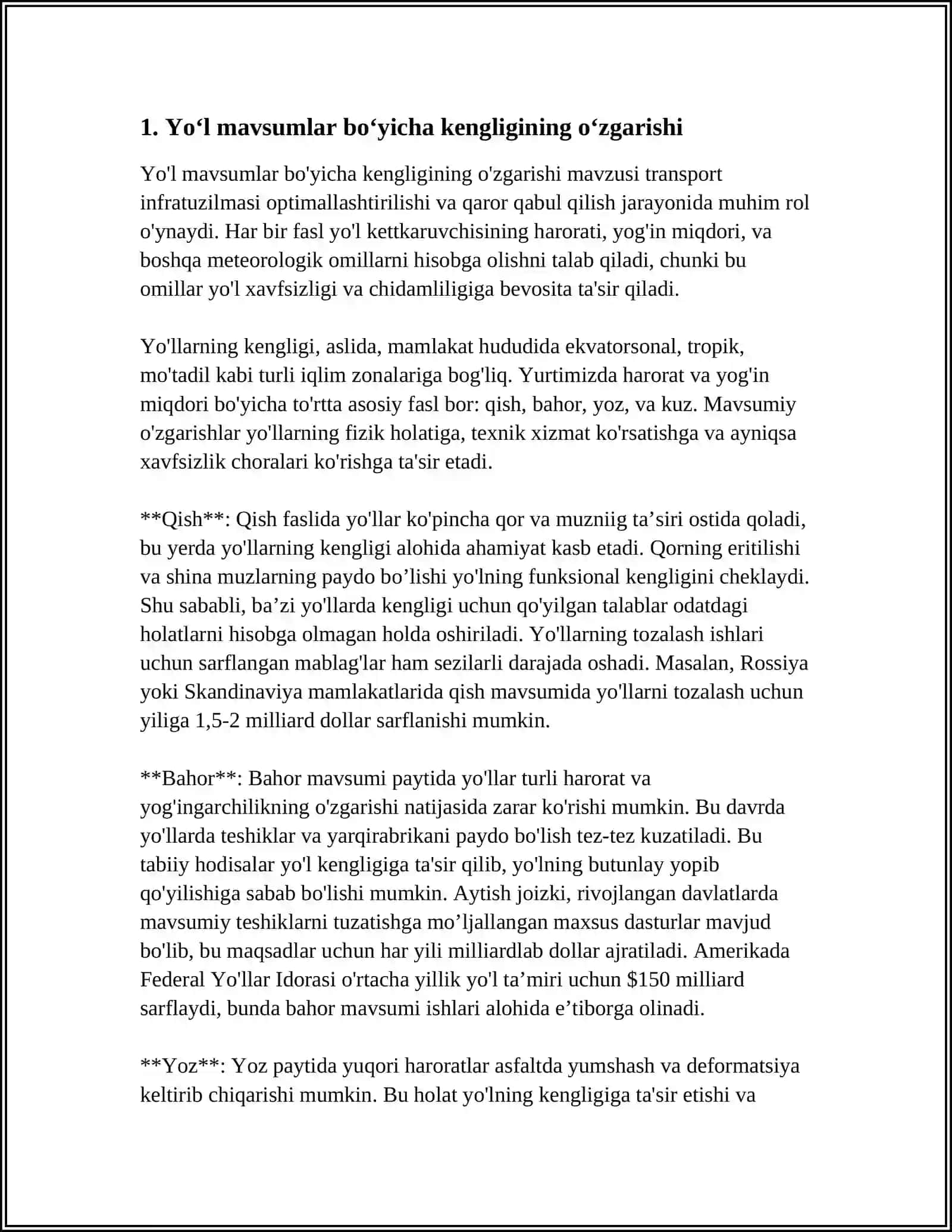 YIL MAVSUMLARI BO‘YICHA QATNOV QISMI VA YO‘L YOQASI KENGLIGINING O‘ZGARISHI 3