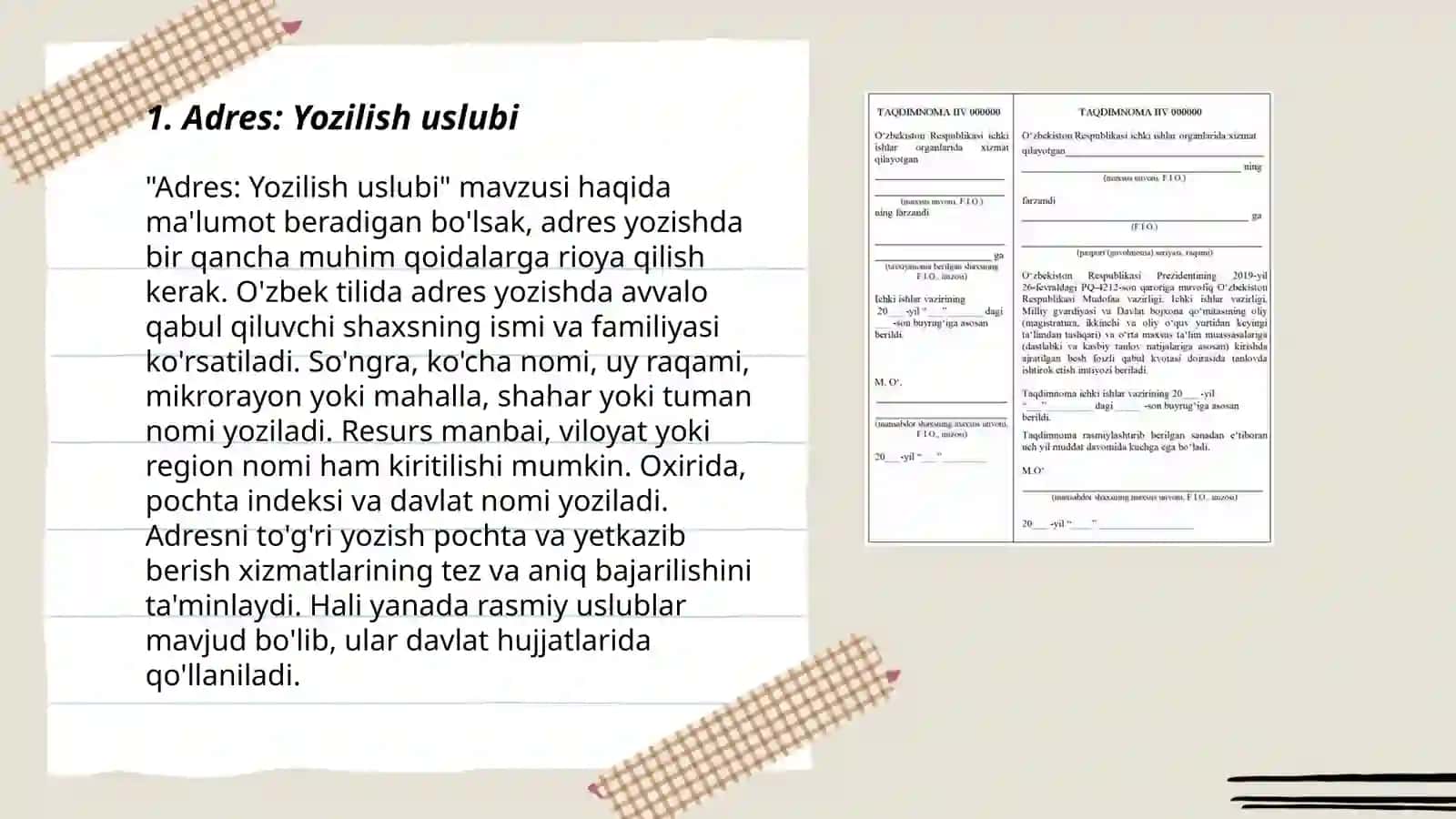 Adres, ariza. Yozilish uslubi, o‘ziga xos xususiyatlari. Tarjimayi hol. Bildirishnoma 3