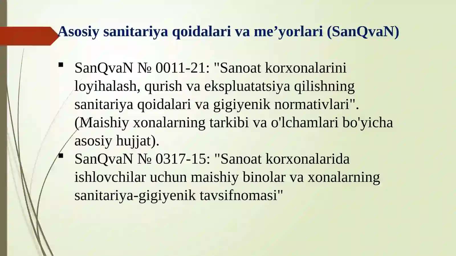 Ishlab chiqarish obektlarida maishiy xizmat xonalari va ularga
qoyiladigan gigienik talablar. 3