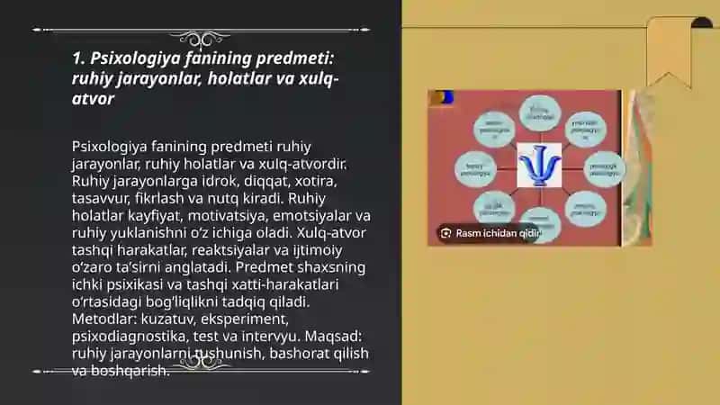 Psixalogiya fanining predmeti, ob'ekti, maqsad va vazifalari, rivojlanish tarixi va yònalishli 3