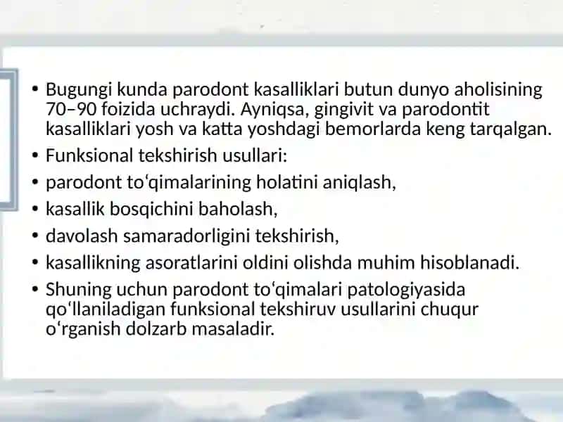 Parodont to’qimasi patologiyasida qo’llaniluvchi funksional tekshirish usullari 3