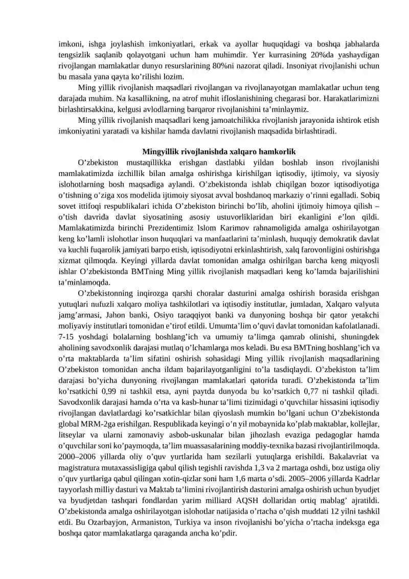 BMTning “Ming yillik Rivojlanish maqsadlari” dasturining O’zbekistonda hayotga tadbiq etilishi (2000-2015 yillar) 3