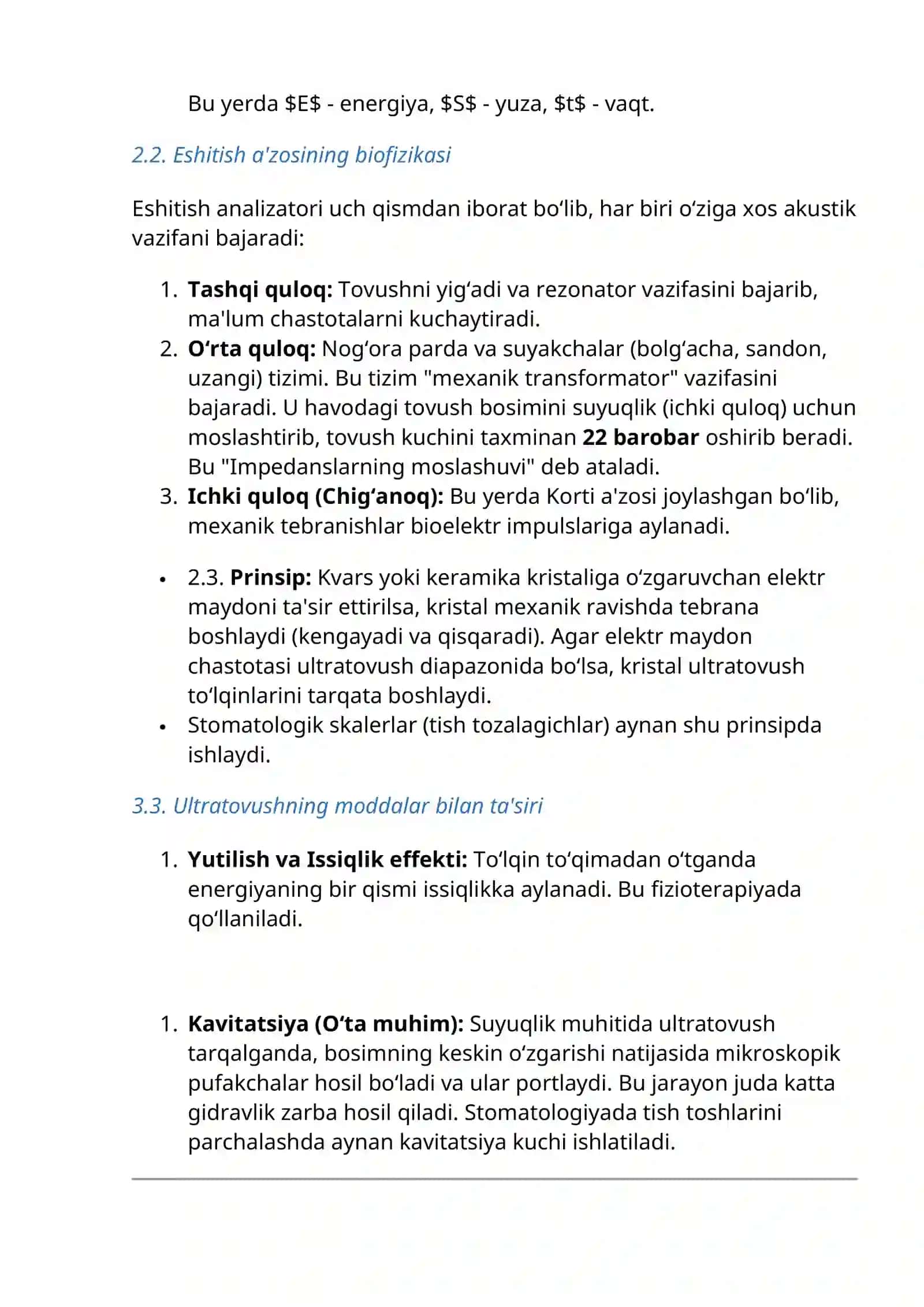 biofizikada eshitish biofizikasi elementlari. Ultratovush va uning stomatologiyada qo'llanilishi 3