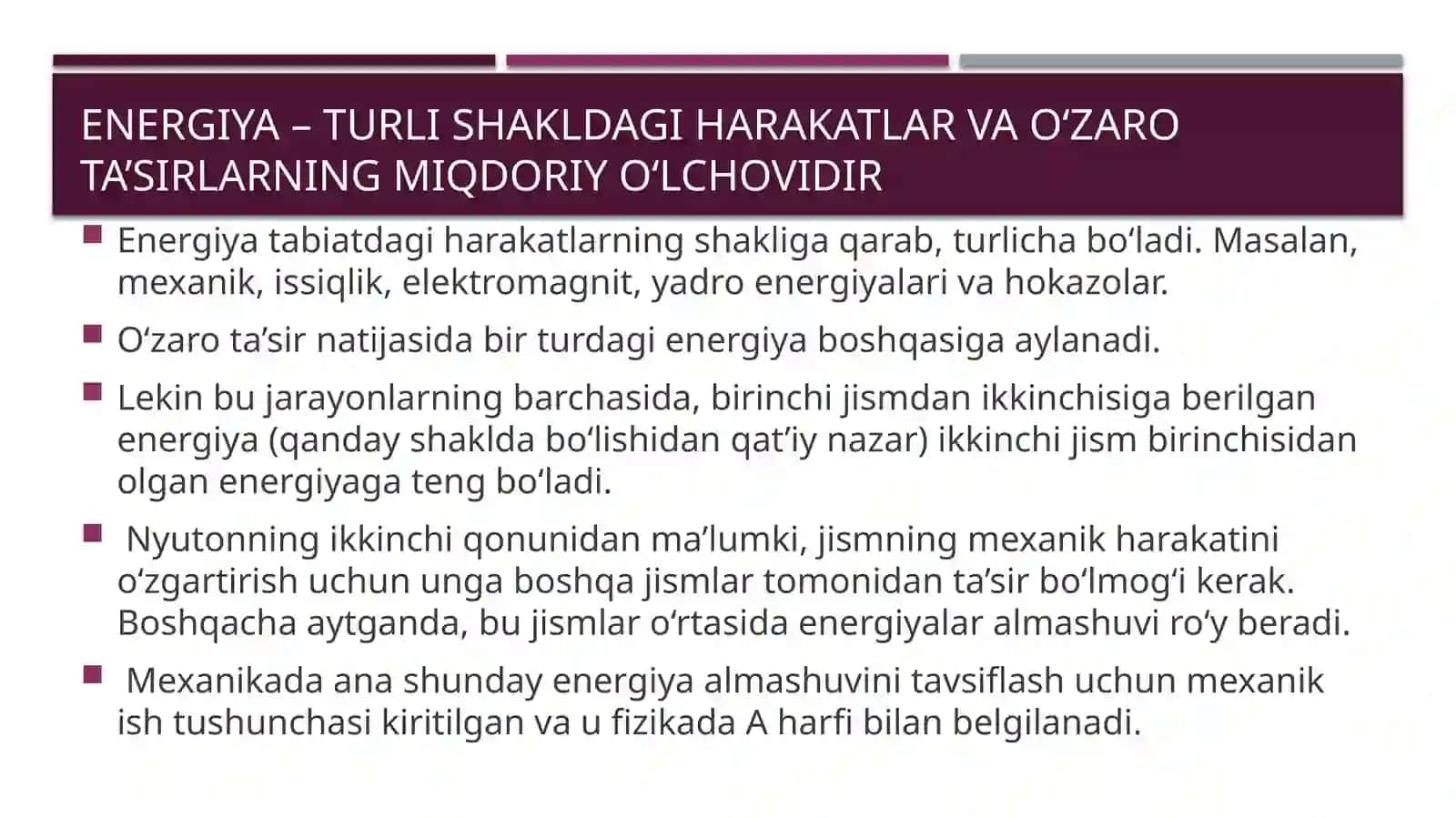 ENERGIYA VA ISH. ENERGIYANING SAQLANISH QONUNI. JISMNING QIYA TEKISLIK BO‘YLAB HARAKATLANISHIDA BAJARILGAN ISH 3