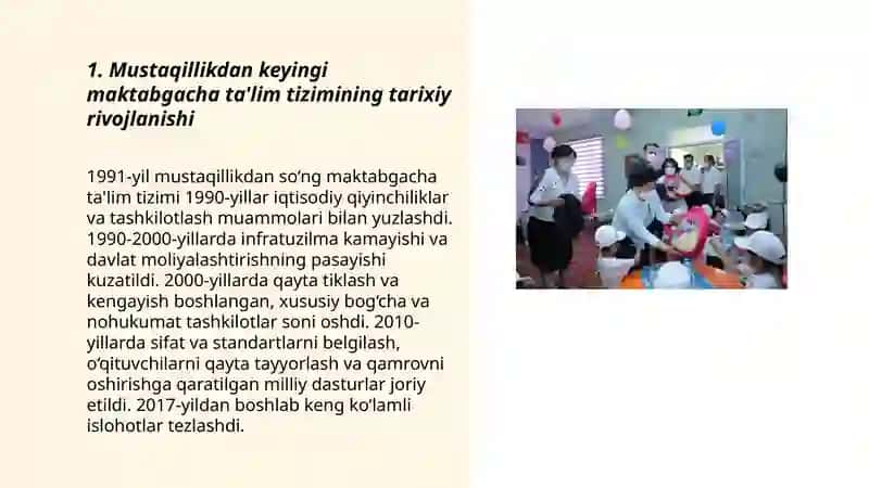 O'zbekiston mustaqillikka erishgandan keyingi davrdagi maktabgacha ta'lim tizimi 3