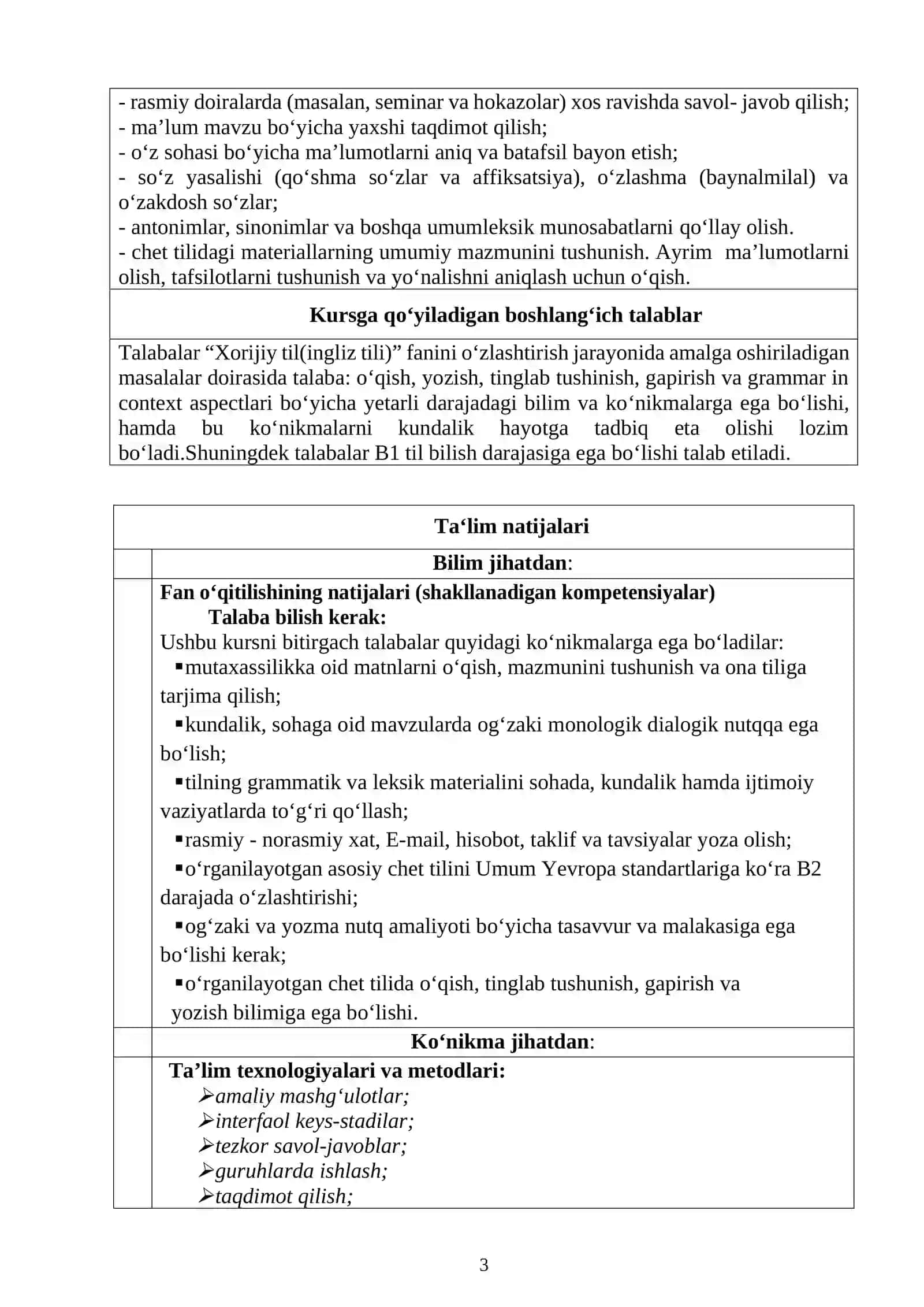 XORIJIY TIL (ingliz tili) FANI BO‘YICHA SILLABUS 3