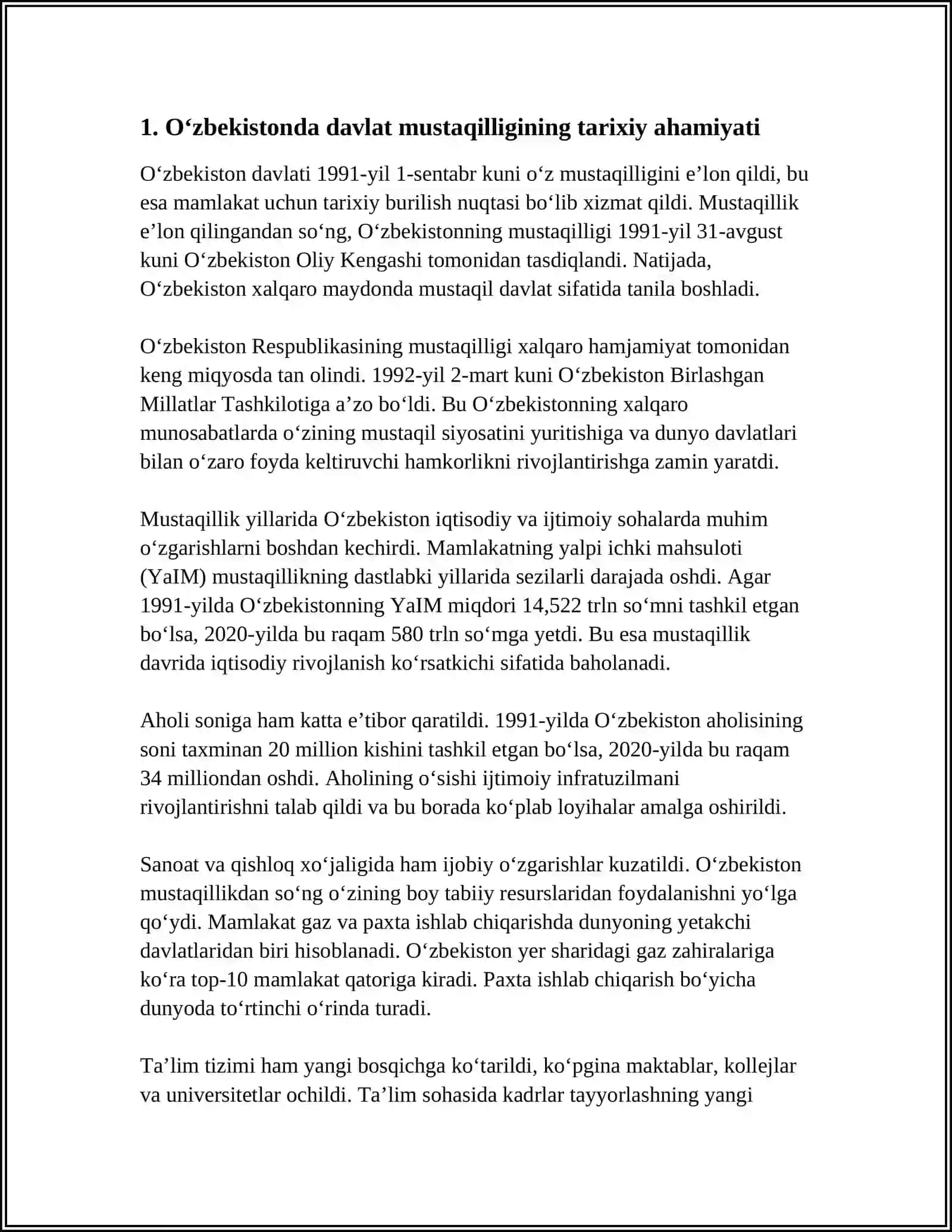 OʻZBEKISTONDA DAVLAT MUSTAQILLIGINING QOʻLGA KIRITILISHI, HUQUQIY DEMOKRATIK DAVLAT VA FUQAROLIK JAMIYATI ASOSLARINI BARPO ETISH BORASIDAGI ISLOHOTLAR 3