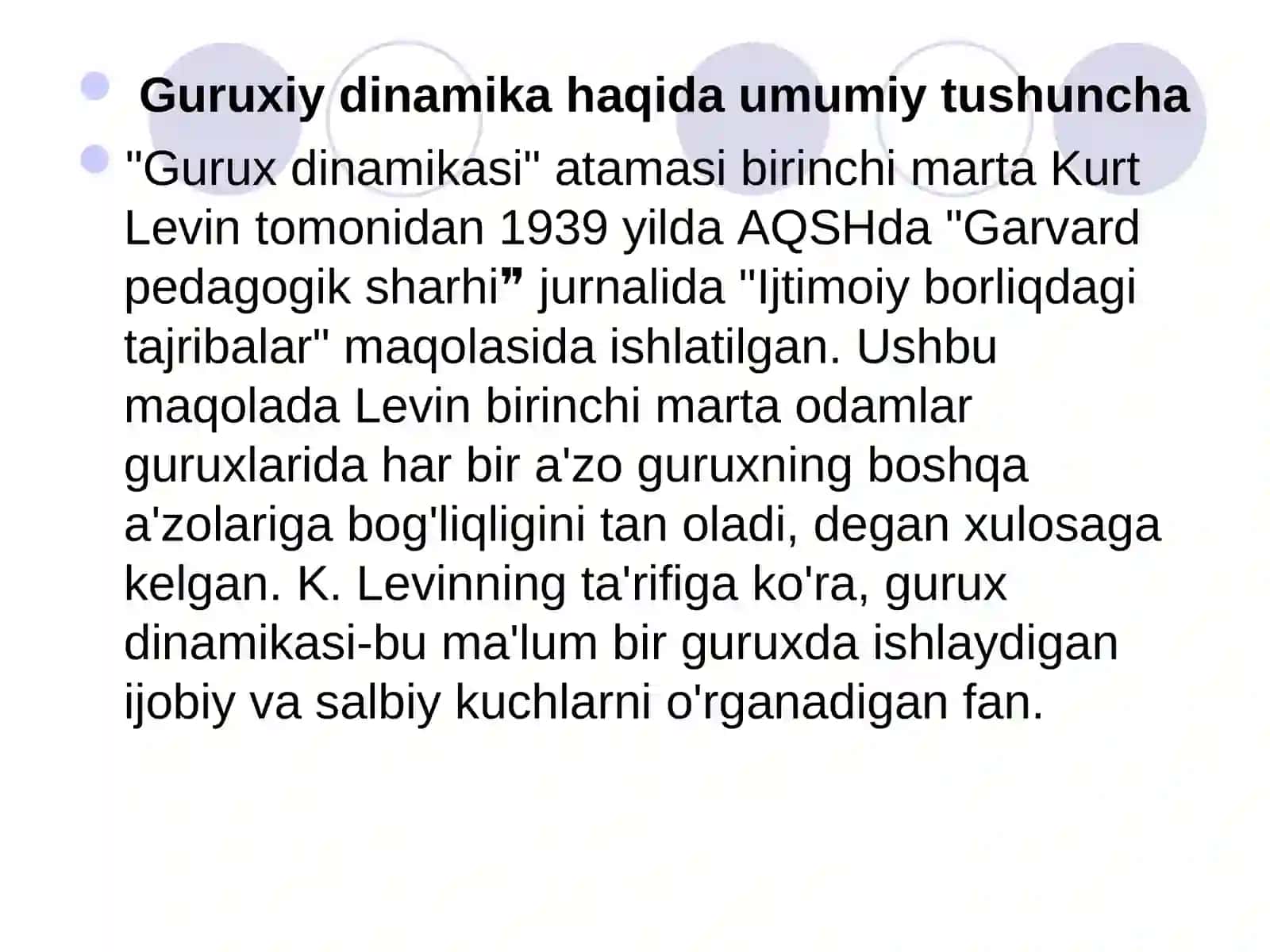 Psixologik treningning asosiy bosqichlari va guruxiy dinamika jarayonlari. Guruxga psixoanalitik jixatdan yondoshuv 3
