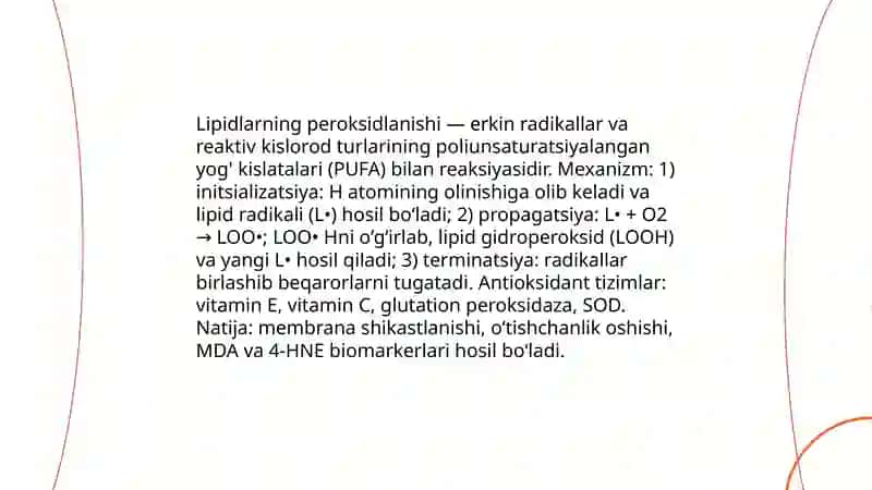 Lipidlarni peroksidlanishi va hujayra shikastlanishi patogenezdagi ahamiyati 3