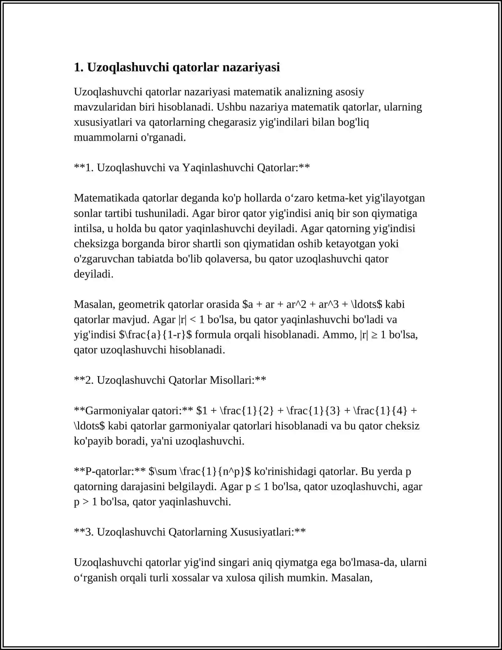 "UZOQLASHUVCHI QATORLARNI JAMLASH(E.CHEZARO.N.ABEL USULI)" "CHEKSIZ KOʻPAYTMALAR" 3
