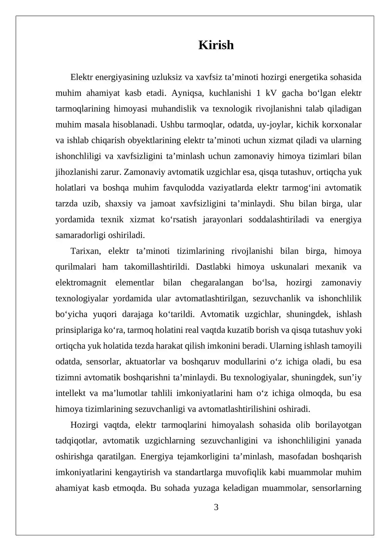 MUSTAQIL ISH KUCHLANISH 1 KV GACHA ELEKTR TARMOQLARINI ZAMONAVIY AVTOMATIK UZGICH YORDAMIDA HIMOYALANISHNI TASHKIL ETADI 3