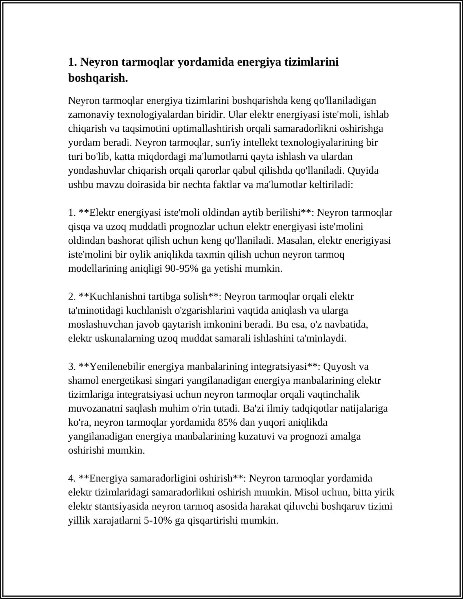 YAGONA ELEKTR ENERGIYA TIZIMINING BARQARORLIGIDA NEYRON TEXNOLOGIYALAR QOʻLLASH IMKONIYATLARI 3