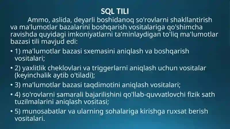 SQL TILI OPERATORLARI.MA’LUMOTLARNI MANIPULYATSIYA QILISH 3
