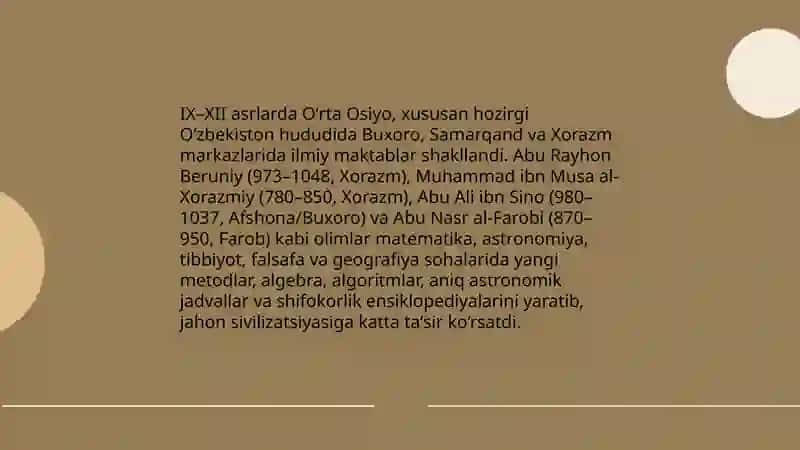 IX-XXII asrlarda mamlakatimizda hududida roʻy bergan madaniy uygʻonish (Renessans ) Buyuk allomalarning jahon sivilizatsiyasiga qoʻshgan hissasi 3