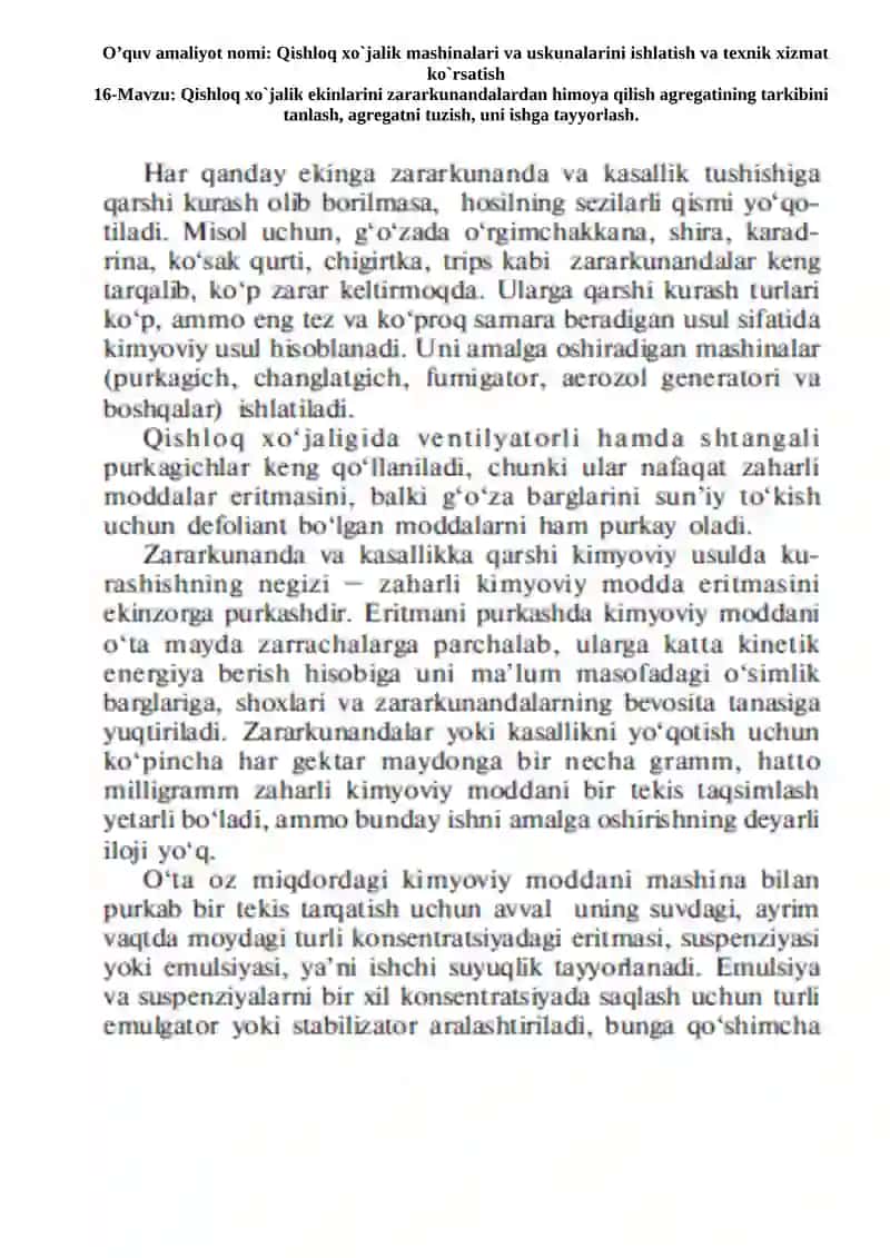 Qishloq xo`jalik ekinlarini zararkunandalardan himoya qilish agregatining tarkibini tanlash, agregatni tuzish, uni ishga tayyorlash o'quv amaliyot (Guruh) 3