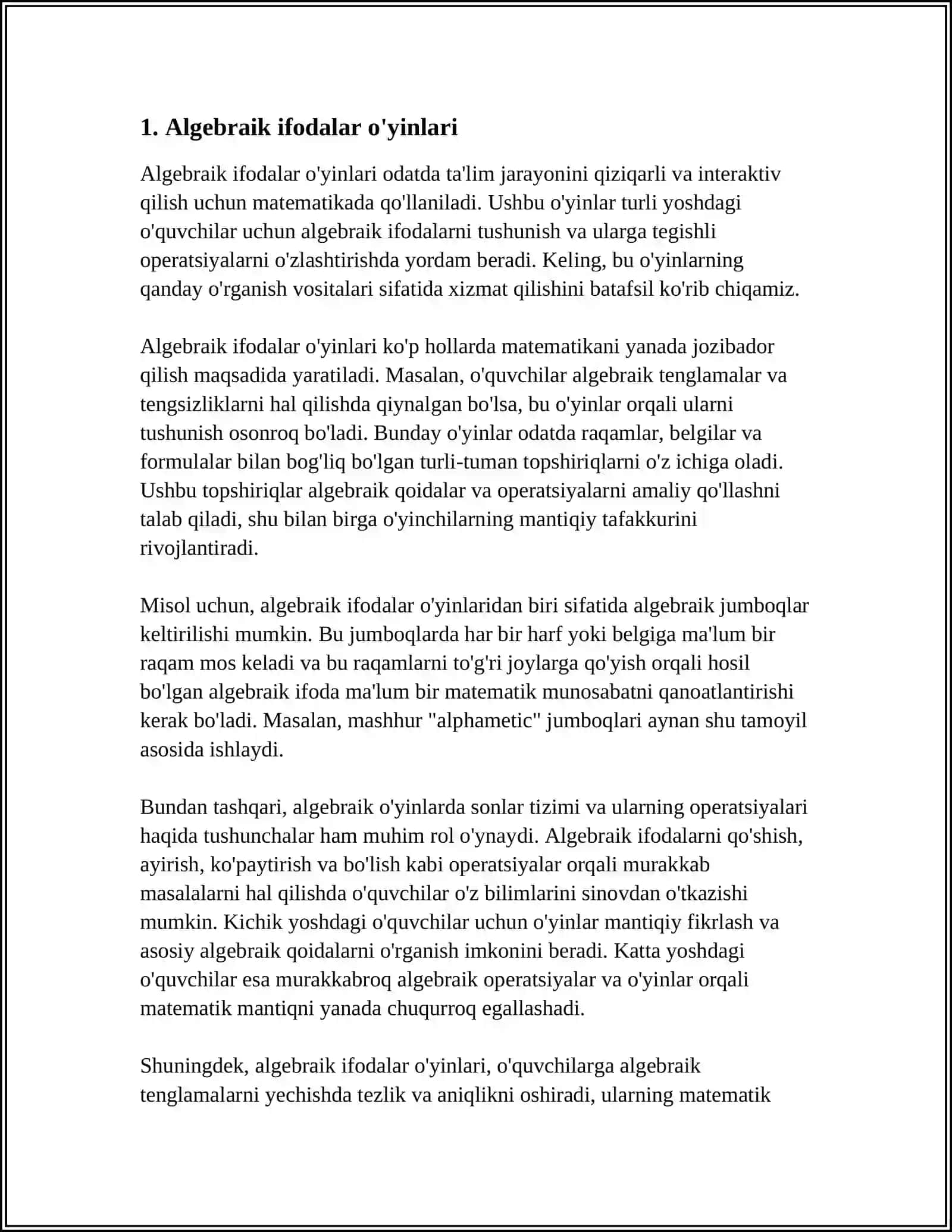 Algebraik ifodalar o'yinlari 3