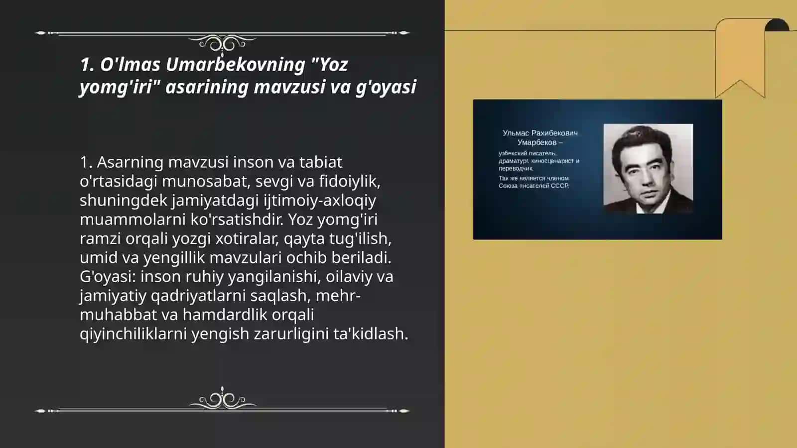 O'lmas Umarbekov. Yoz yomĝiri asari haqida 3
