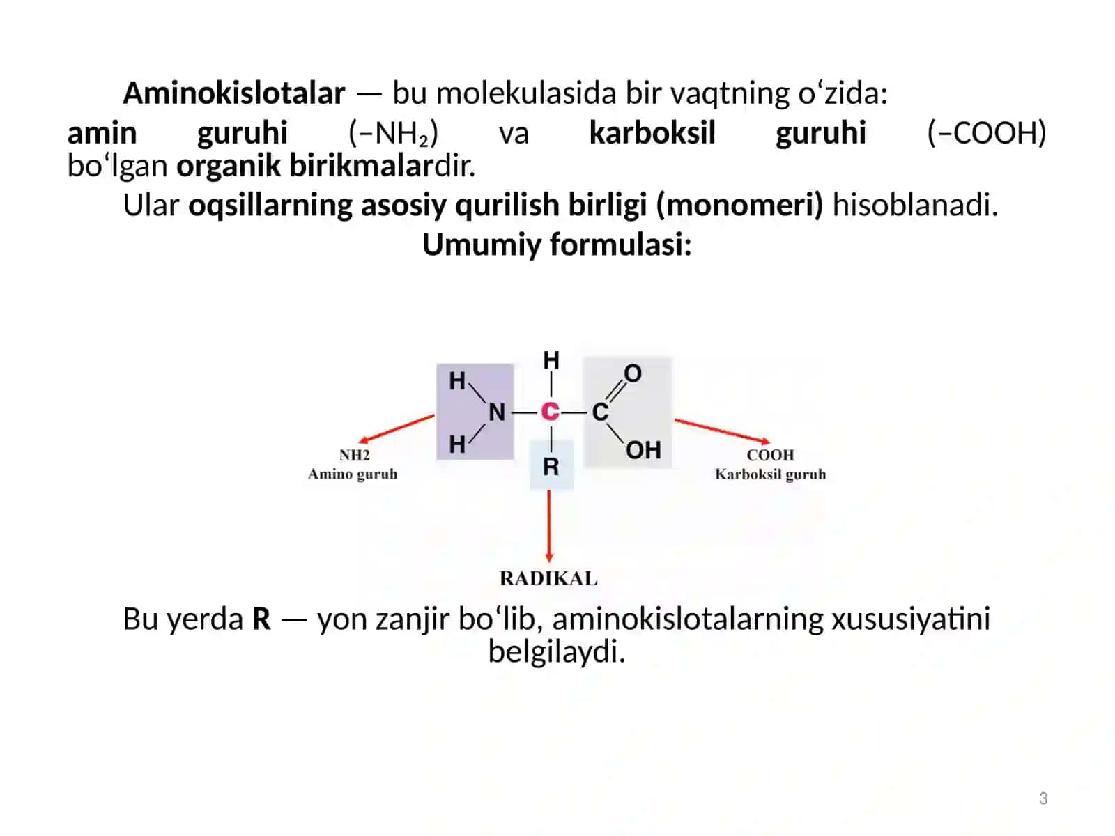 5-mavzu:Aminokislotalar, oqsillar, peptidlar, nuklein kislotalar 3