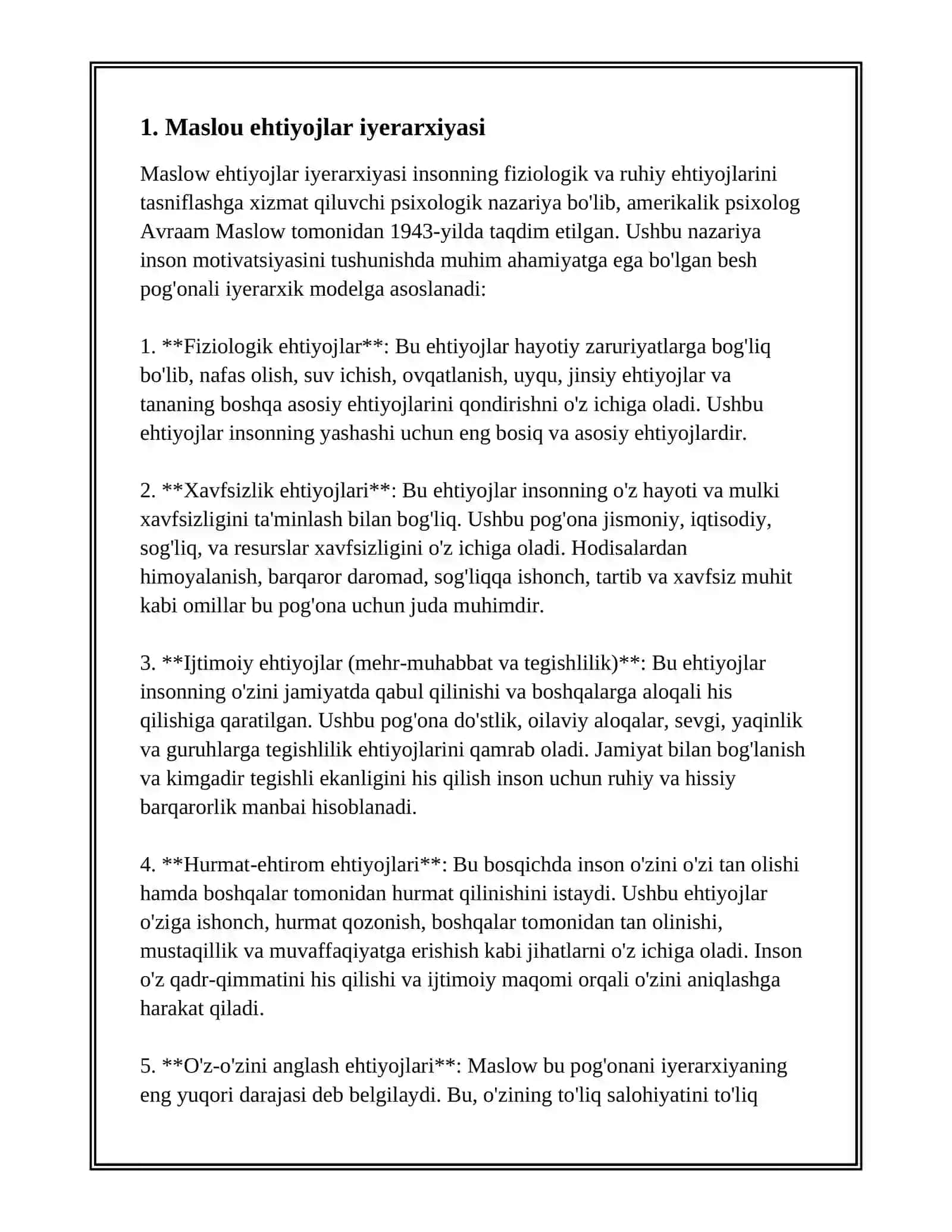 MOTIVATSIYA NAZARIYALARI:MASLOU PIRAMIDASI, HERZBERGNING IKKI OMIL NAZARIYASI VA BOSHQALAR.MAQSADLAR TUSHUNCHASI 3