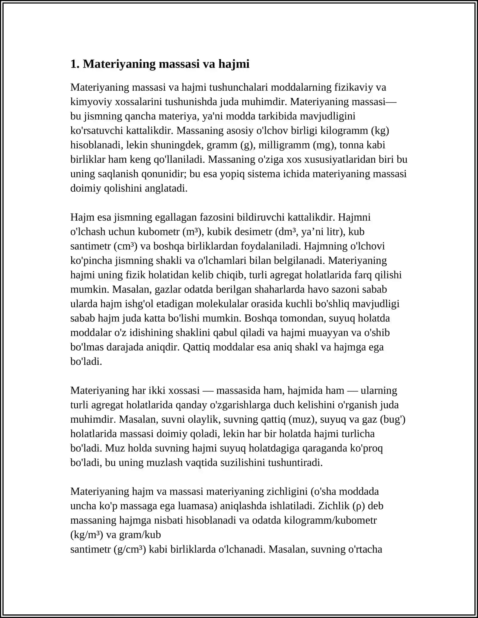MATERIYANING ASOSIY FIZIKAVIY XOSSALARI. MATERIYANING TURLI AGREGAT HOLATLARIDAGI XUSUSIYATLARI 3