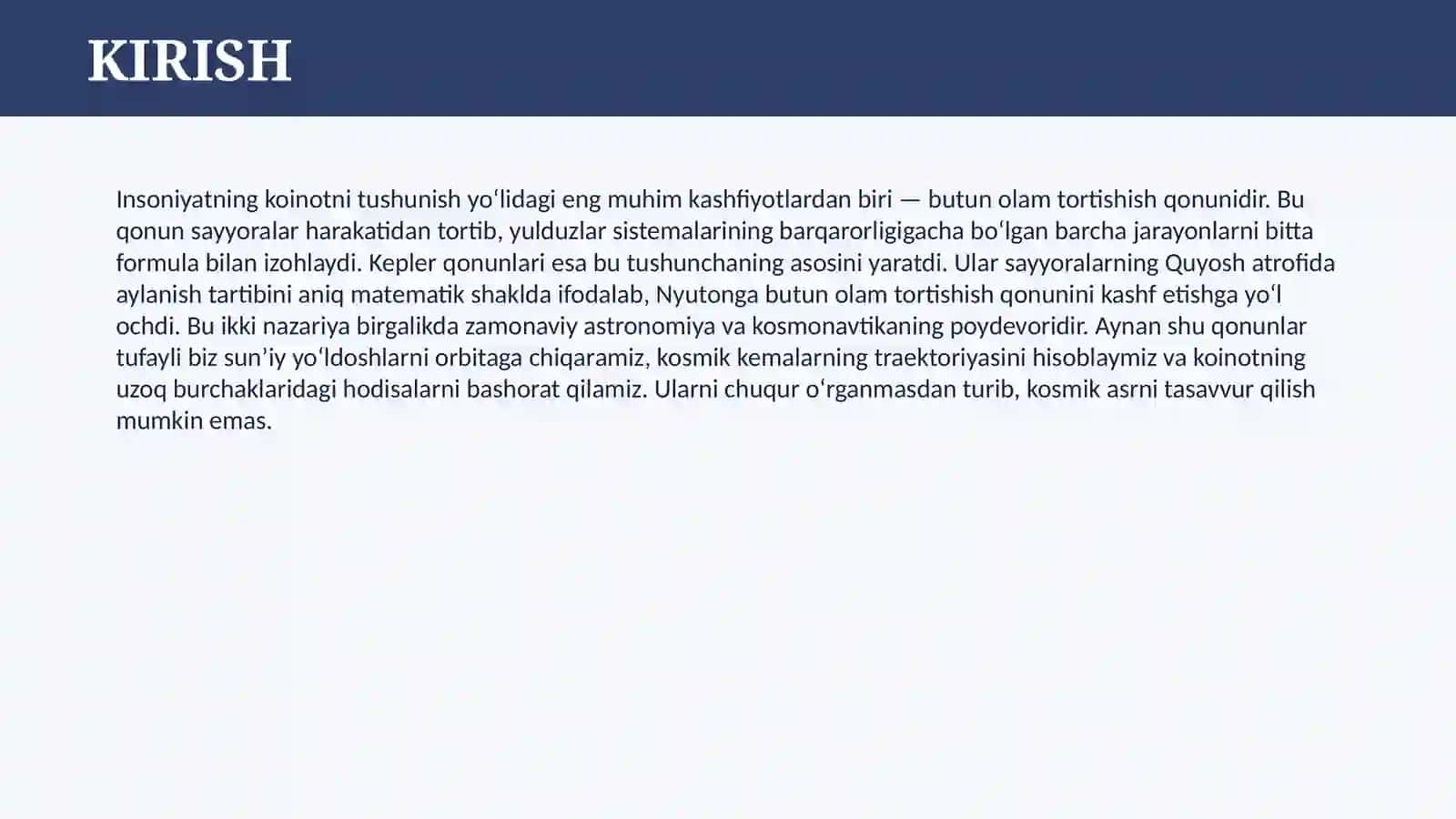 BUTUN OLAM TORTISHISH QONUNI. KEPLER QONUNLARI 3