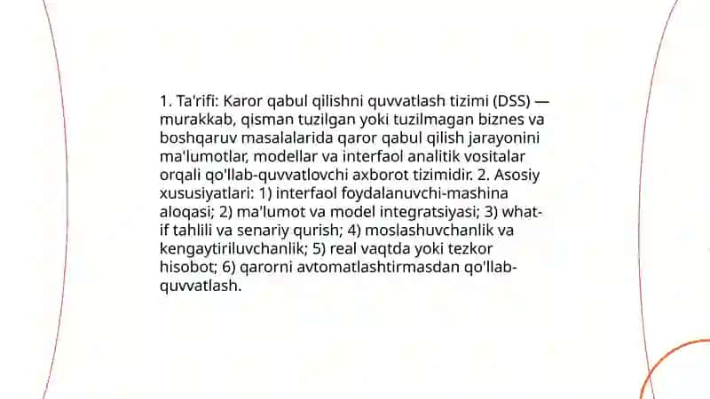 DSSning asosiy xususiyatlari va ta'rifi 3
