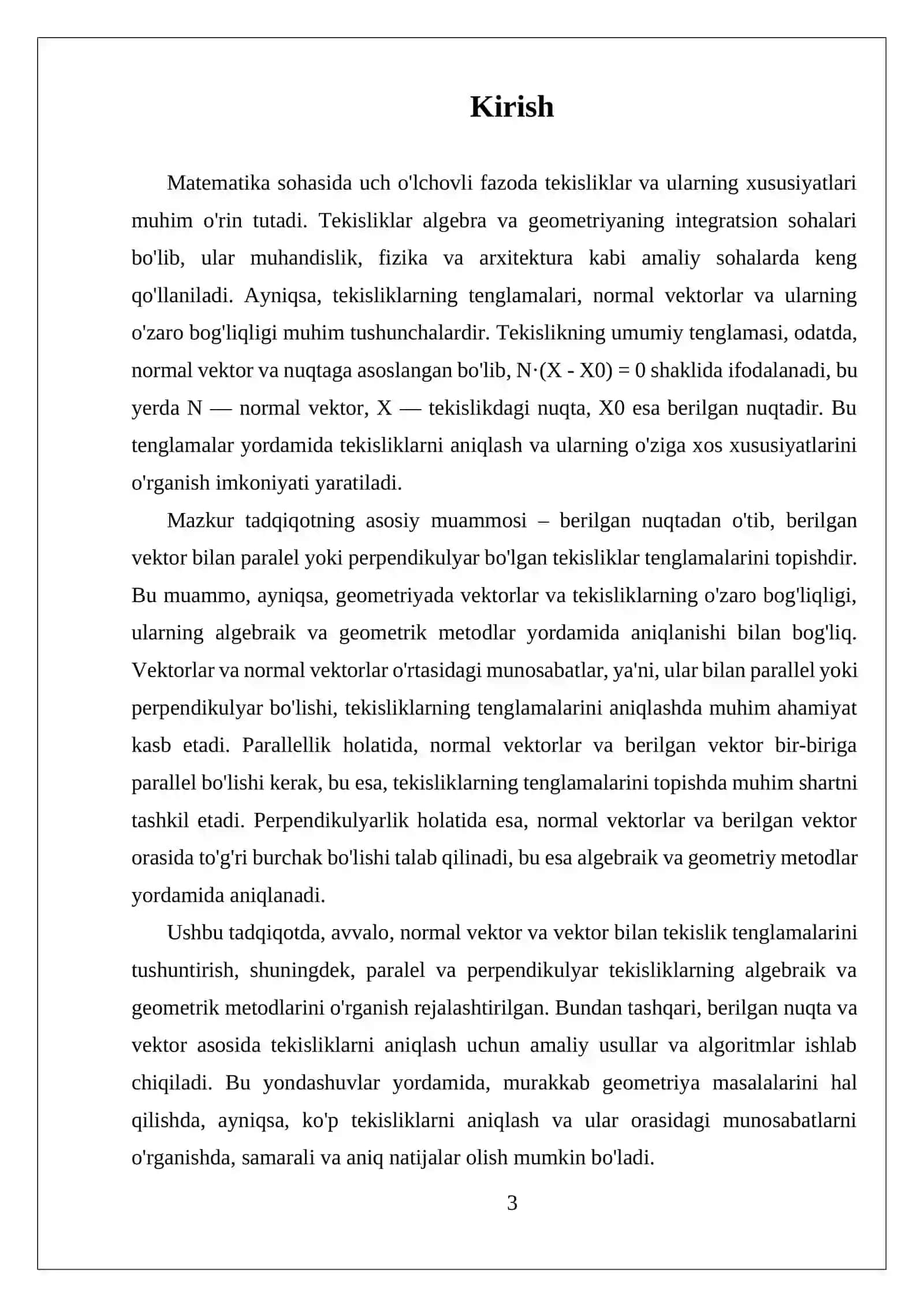 BERILGAN NUQTADAN O'TIB, BERILGAN VEKTORGA PARALEL YOKI PERPENDIKULYAR BOLGAN TEKISLIKLAR TEGLAMASI 3