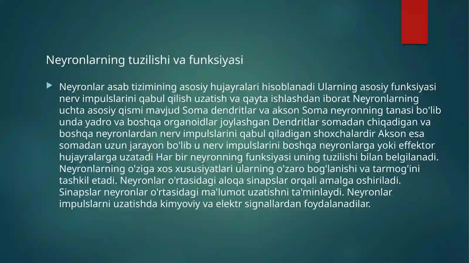 Neyronlarda nerv impulslarini hosil bo‘lish mexanizmi.Nerv tolalari bo‘ylab qo‘zg‘alishning o‘tish mexanizmi. 3