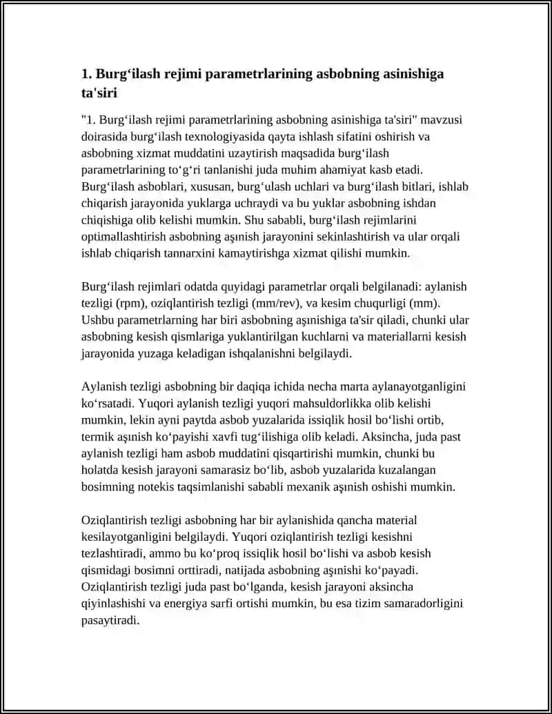 Burg‘ilash Rejimi Parametrlarini Ta'sirini Ishlab Chiqish 3