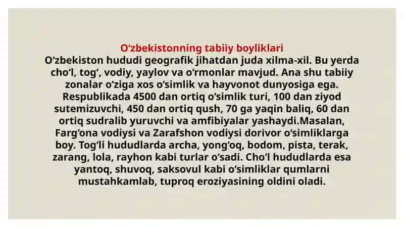 Òzbekistondagi o'simlik va hayvonlarni muhofaza qilish va ularidan oqilona foydalanish Reja 3