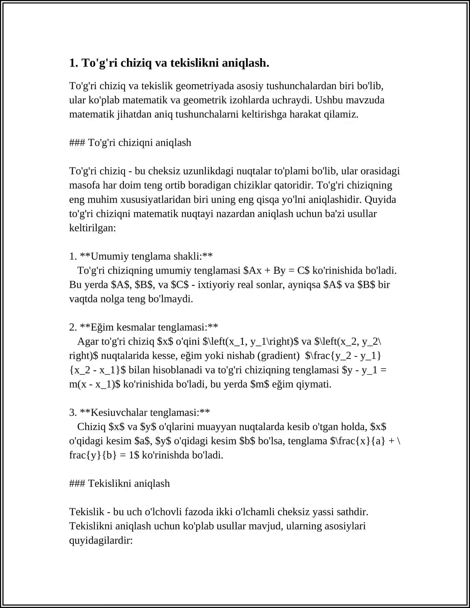 TURĞRI CHIZIQNI TEKISLIK BILAN KESISHGAN NUQTASINI ANIQLASH.NUQTADAN TEKKISLIKKACHA BILGAN ENG QISQA MASOFANI ANIQLASH 3