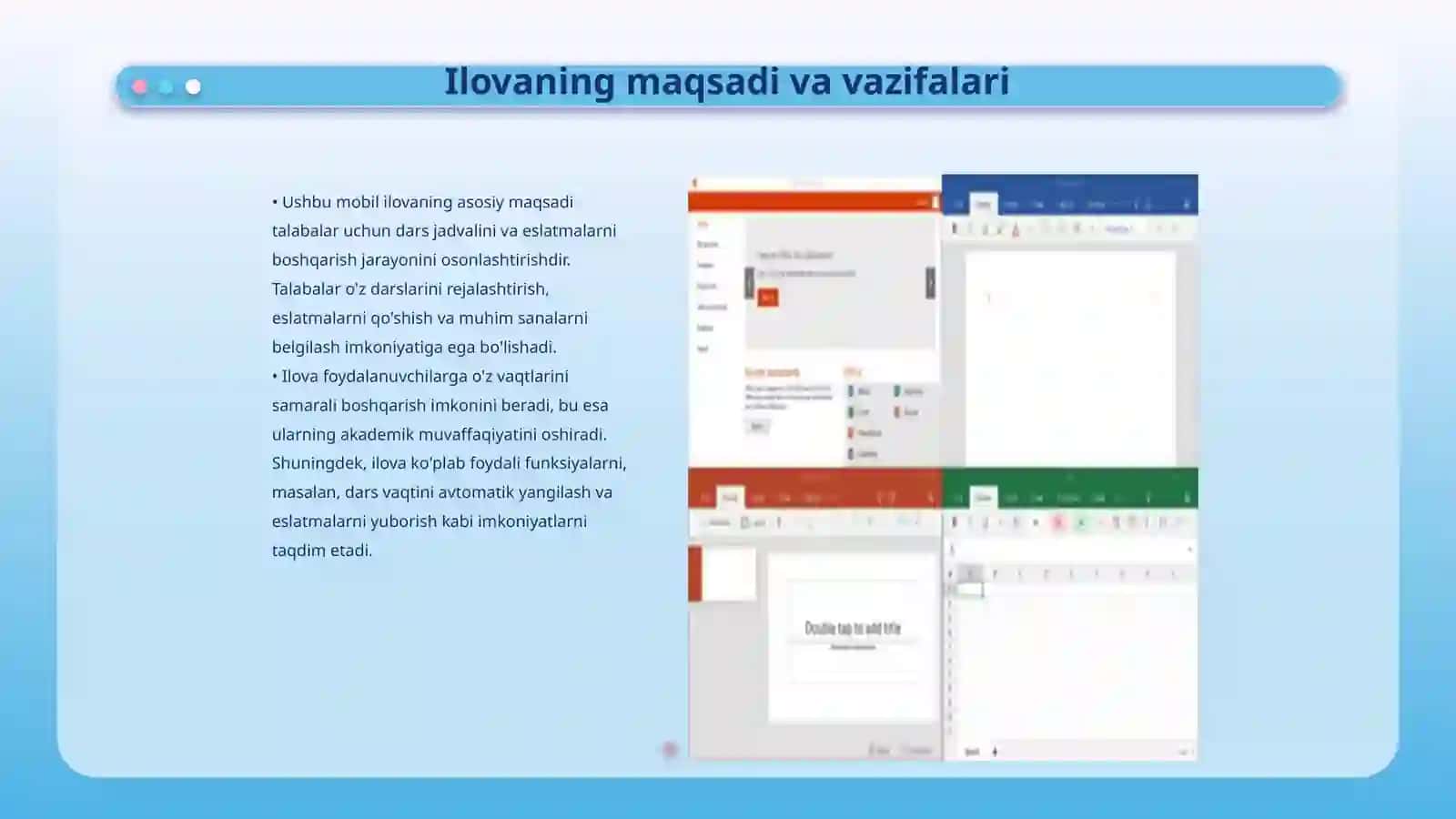 Talabalar uchun dars jadvali va eslatmalarni boshqaruvchi mobil ilova ishlab chiqish 3