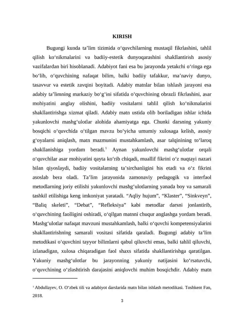 Adabiy matnlar bilan ishlashda yakunlovchi mashg‘ulotlarining o‘rni 3