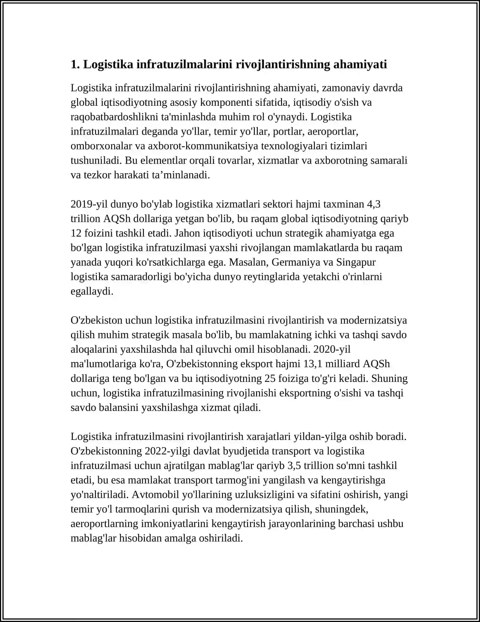 LOGISTIK INFRATUZILMALARINI RIVIJLANTIRISHDA INVESTITSION LOYIHALAR 3