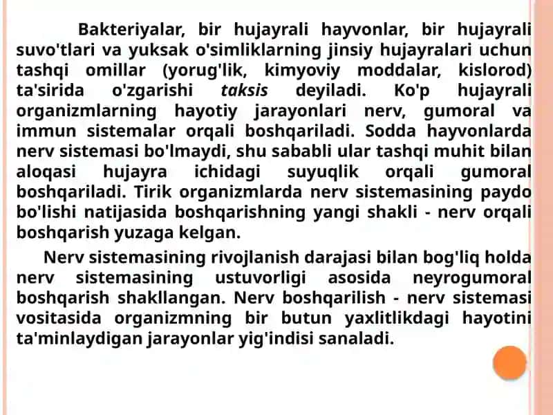 TIRIK ORGANIZMLARDA O'Z-O'ZINI IDORA ETISHORGANLARI: GUMORAL VA NERV SISTEMASI EVOLUTSIYASI 3