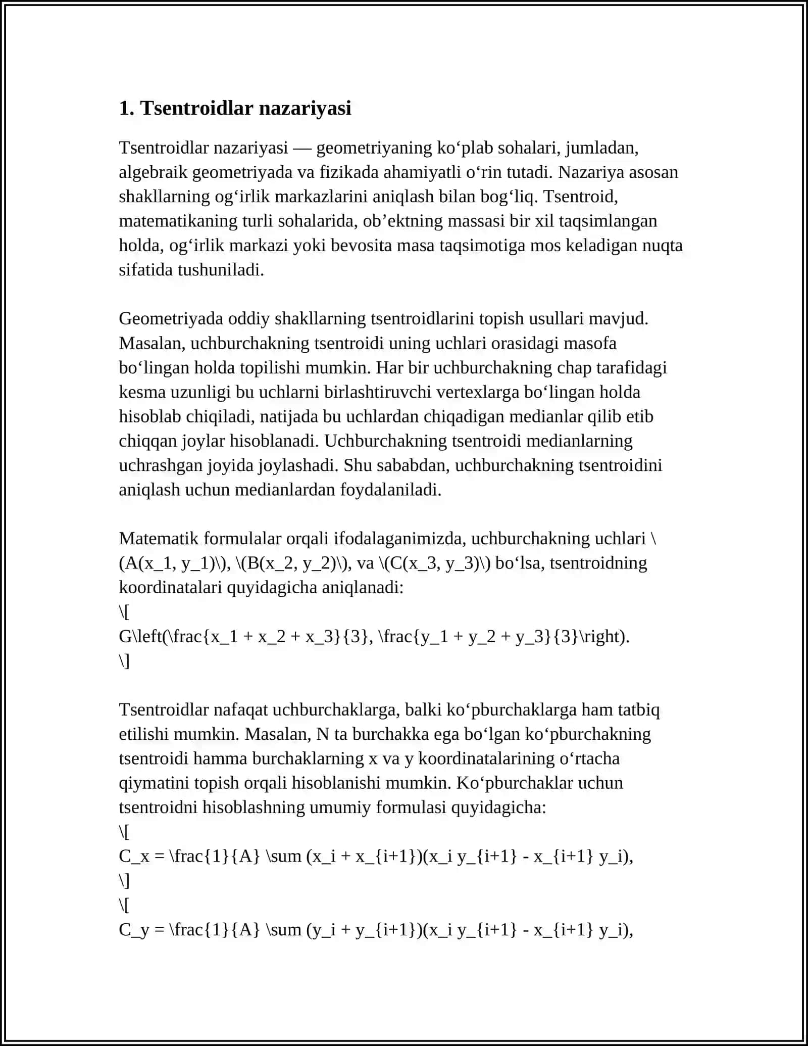 Tsentroidlar. Tsentroidlar ning geometrik talqin 3