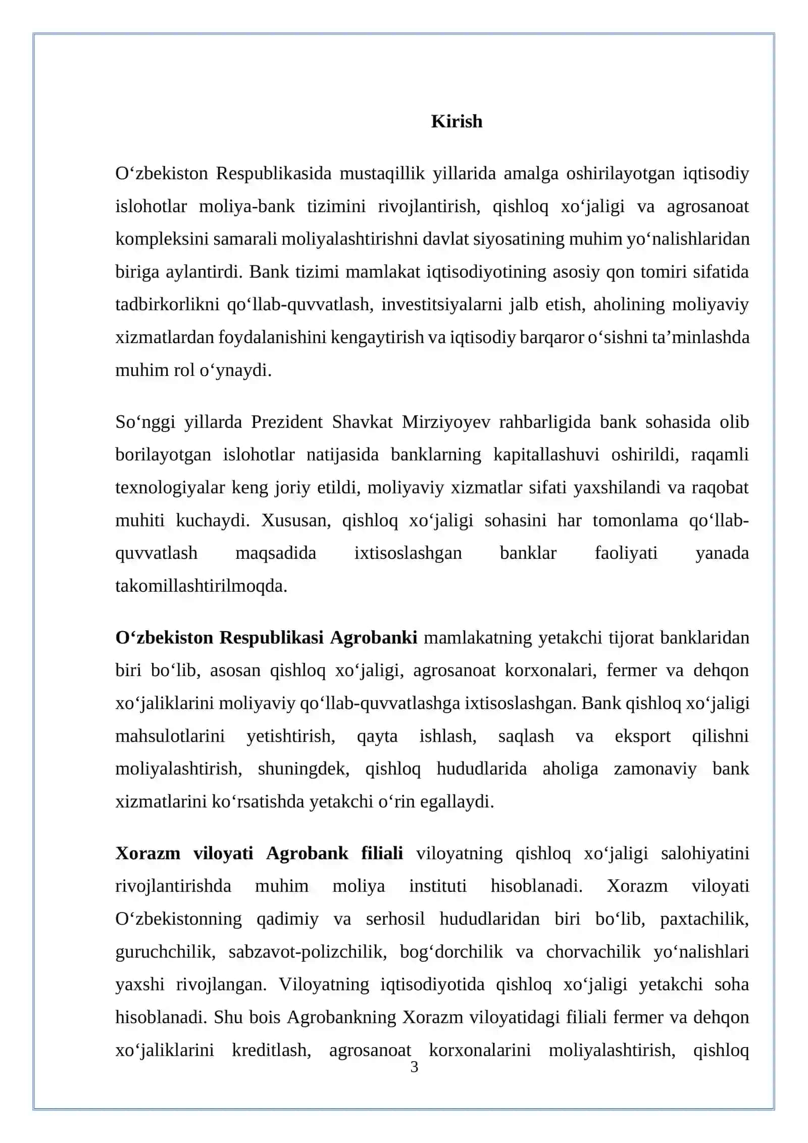 Agrobank AJ haqida umumiy ma’lumot va uning tashkil etilishi Xorazm viloyati Agrobank filiali 3