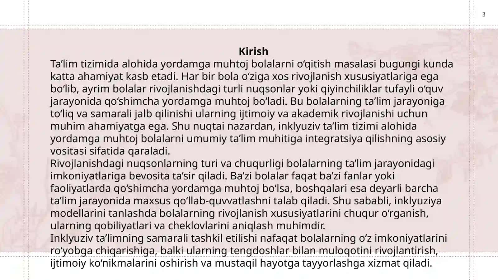 Alohida yordamga muhtoj bolalarda rivojlanishdagi nuqsonining chuqurligi va tuzilishiga qarab inklyuziya modellarini tanlash 3