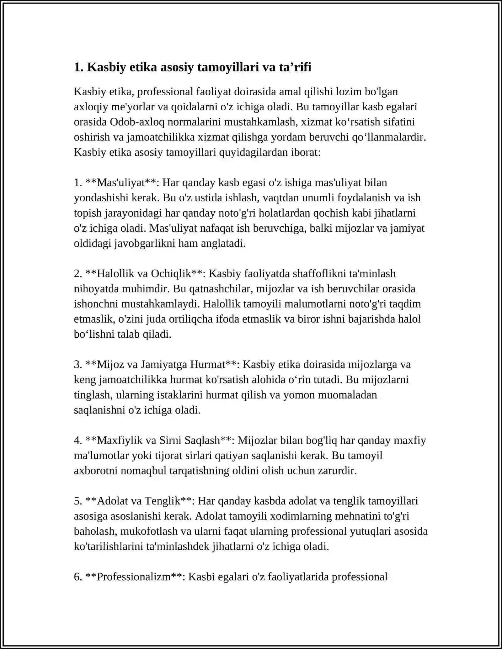 KASBIY ETIKA ASOSLARI: TAMOYILLARI VA AMALIY QOLLANISHI 3