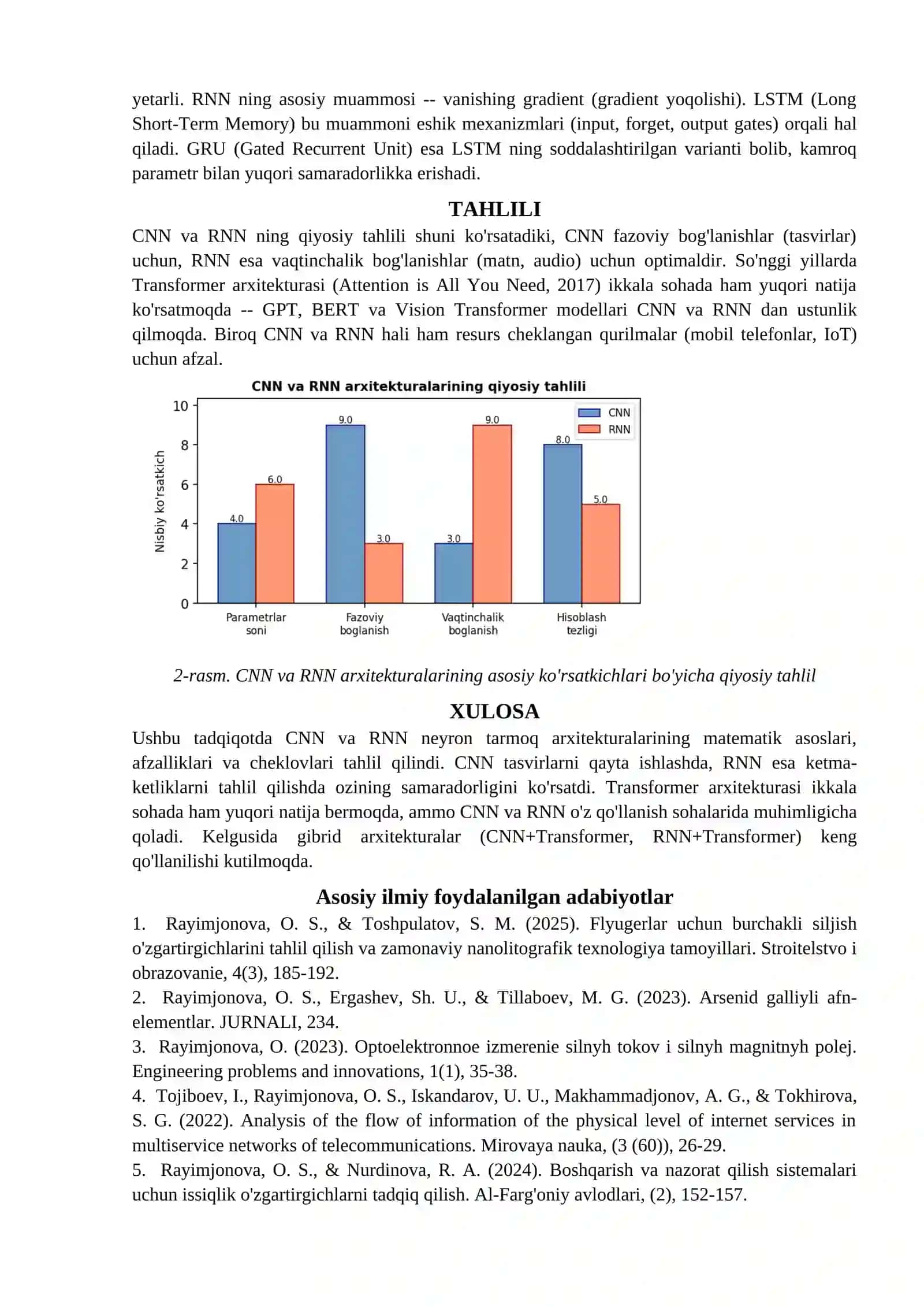 NEYRON TARMOQLAR USULLARI: CNN VA RNN ARXITEKTURALARI. MAQOLA 3