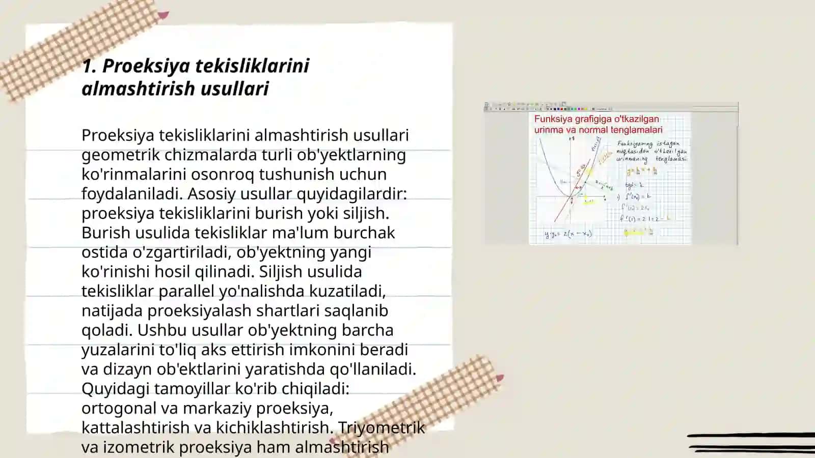 Proeksiya tekisliklarini almashtirish, aylantirish va joylashtirish usullari va nuqtani, toʻgʻri chiziqni, tekislikni aylantirishga doir masalalarni yechish 3