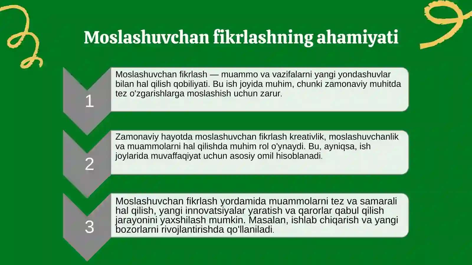 Soft skills- moslashuvchan fikrlash, kreativlik. Ma'lumotlarning mantiqiy tuzilishi. Axborotni bir turdan boshqasiga o'tkazish (grafik, matnli va boshqalar) 3
