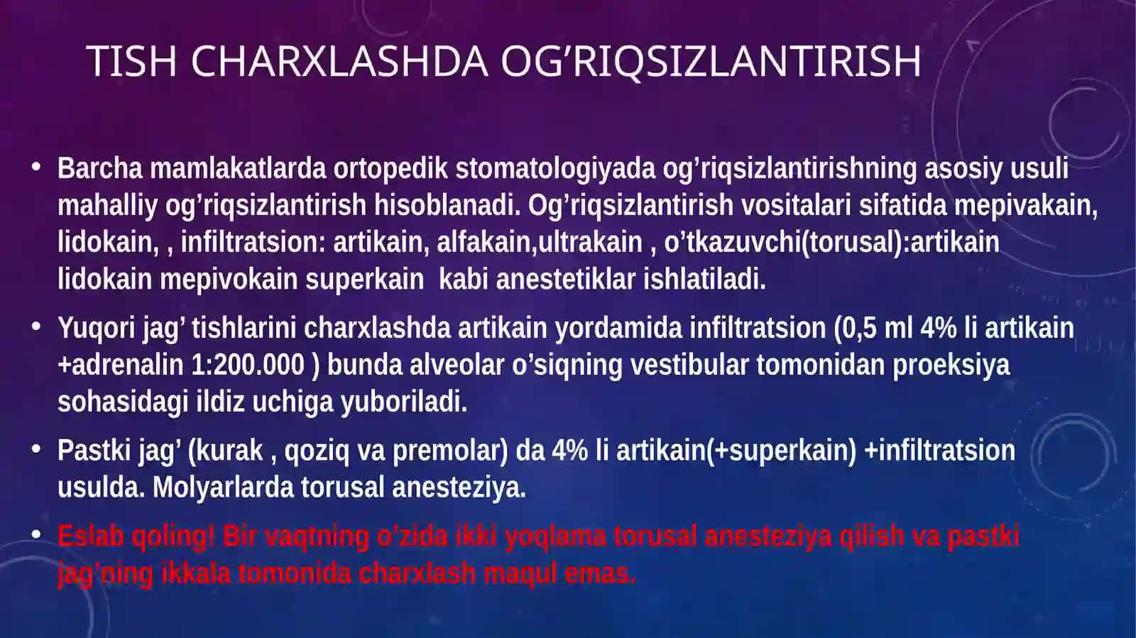 Tish charxlash qoidalari. Charxlash uchun ishlatiladigan asboblar. Ularga bo’lgan talablar. Chaynash bosimik kuchlarining ta’sirini hisobga olgan holda qistirmauchun bo’shliqlarnishakllantirish asoslari. Tishlarning qattiq to’qimalari uchun xavfsizlik zonalari. Charxlash vaqtidayo’l qo’yilishimumkin bo’lgan xatoliklar va asoratlar, ularni oldini olish 3