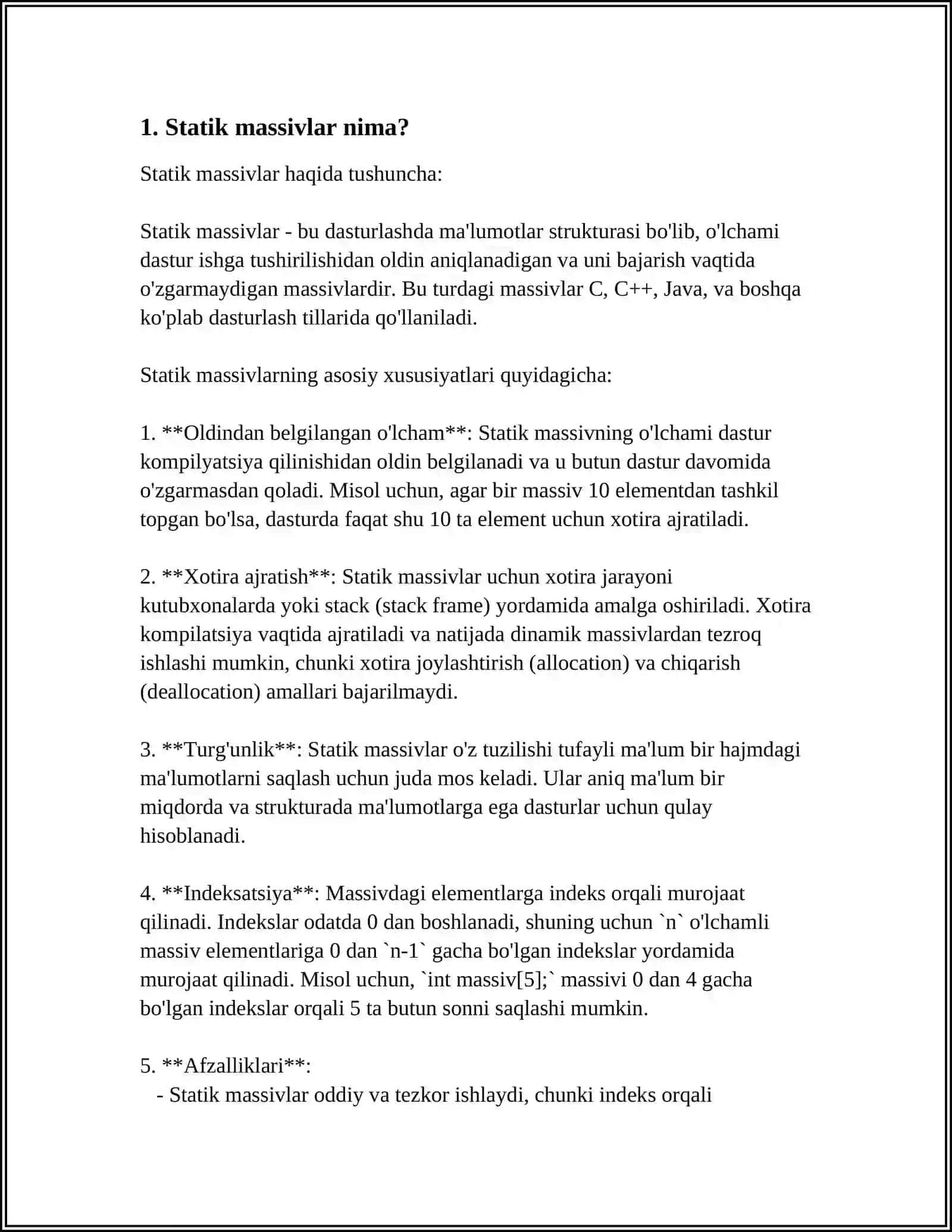 BIR OʻLCHAMLI STATIK MASSIVLAR 3