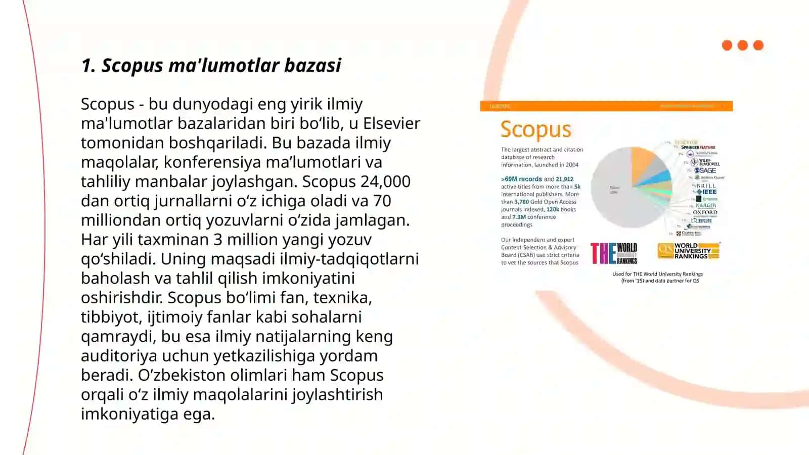 Zamonaviy ilmiy tadqiqotlardagi asosiy tushunchalar: Scopus, Web of scince Direct, Springer, Google Scholar va h-indeksi 3