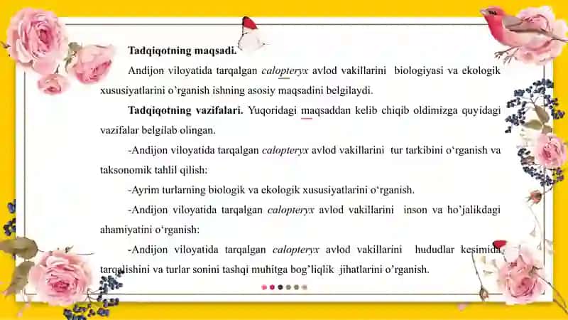 ANDIJON VILOYATIDA TARQALGAN CALOPTERYX AVLOD VAKILLARINING TUR TARKIBI, BIOEKOLOGIK XUSUSIYATLARI MAVZUSIDA 3