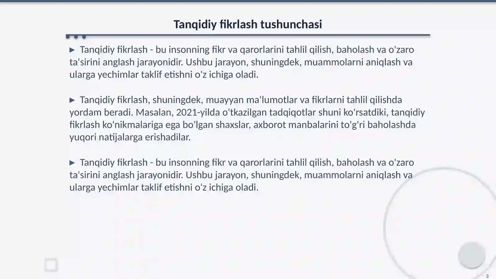 Tanqidiy fikrlash va uning media savodxonlikdagi ahamiyati Media savodxonlik va axborot madaniyati fani 3