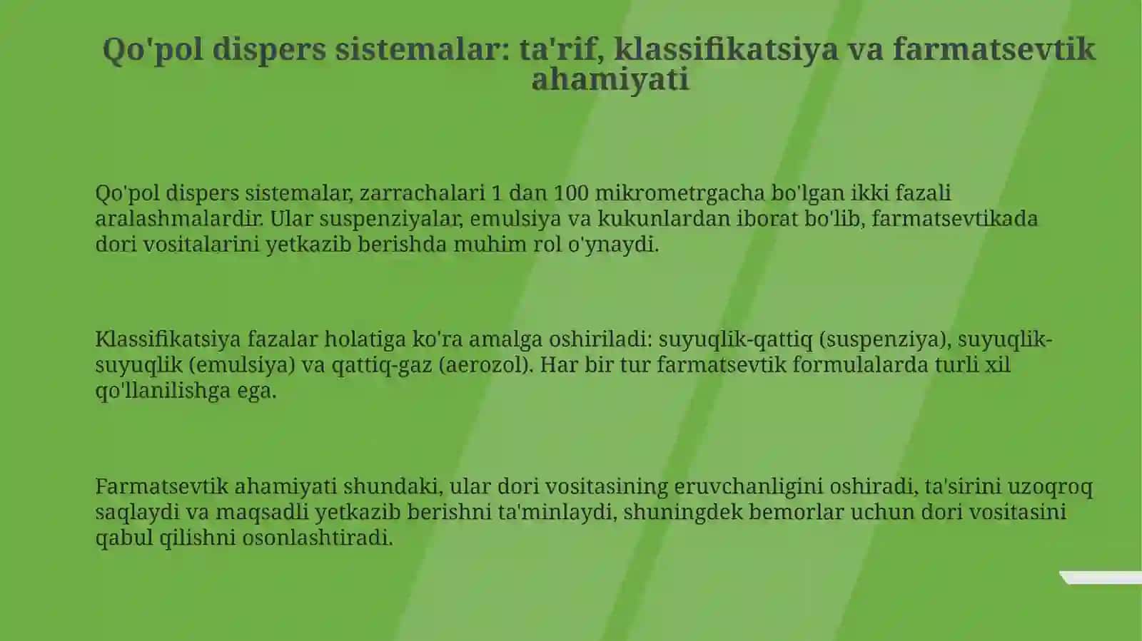 Dagʻal dispers sistemalarning xossalarifarmakalogiyadaishlatilishiniamaliyotdaoʻrganish 3